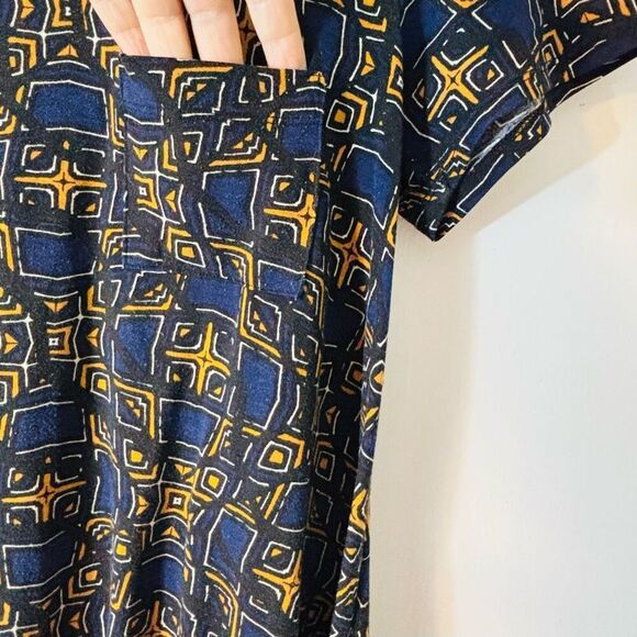 LuLaRoe S Carly Swing Dress Navy & Gold Geometric Print with Breast Pocket - Picture 4 of 10